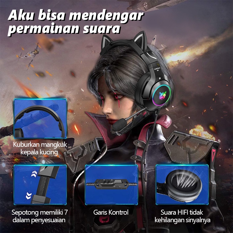 ONIKUMA K9 Black Cat Ear Headphone Gaming Headset With Mic Noise Reduction RGB Light For Laptop