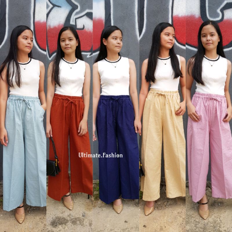 Celana Kulot Linen Highwaist Pinggang Karet Wide Leg Cullote 861