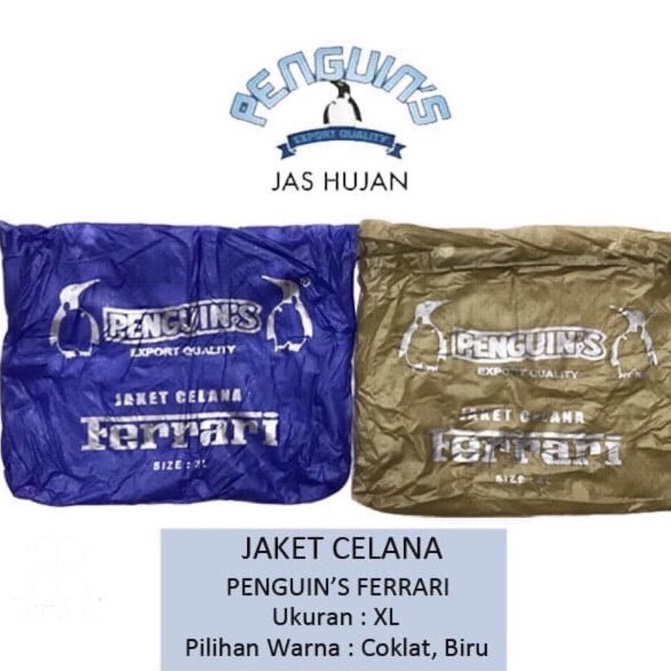 Jas Hujan Setelan Penguins Ferrari Raincoat Bahan Karet PVC TEBAL Jaket Celana Size L &amp; XL Termurah