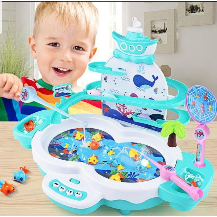 MAINAN PANCINGAN 3IN1 PANCINGAN IKAN MAGNET - SELUNCURAN DOLPHIN DAN MINI PIANO PANCINGAN - BC