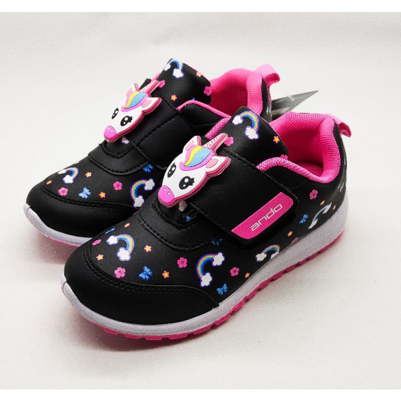 ANDO - SEPATU SNEAKERS ELINA VELCRO ANAK TERBARU / SEPATU ANDO GIRLS SNEAKER MOTIF MINICORN VELCRO / ANDO ORIGINAL / SEPATU KETS ANAK PEREMPUAN / SEPATU SNEAKER ANAK-ANAK / SEPATU MINICORN VELRO KIDS 28-32 HITAM PINK