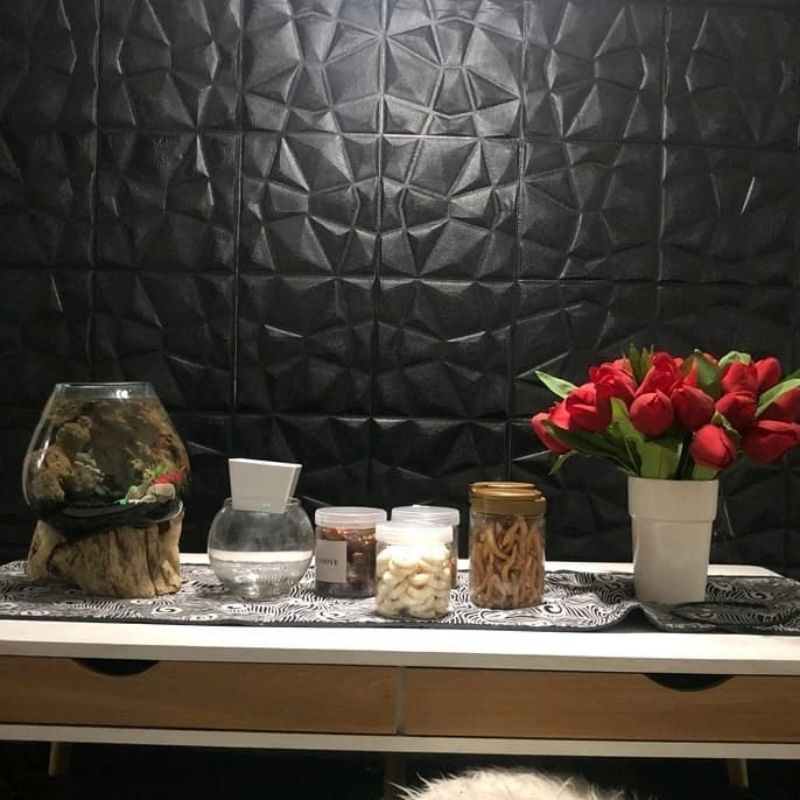 wallpaper foam sticker 3D permukaan timbul motif panel batu alam hitam