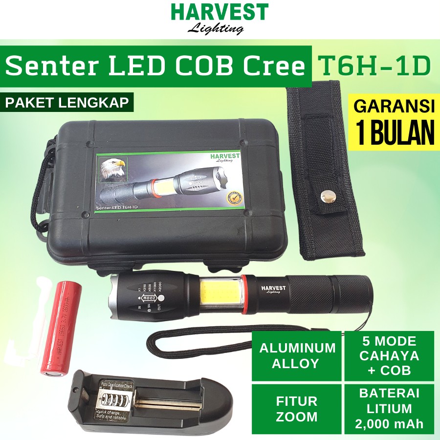 Lampu Senter LED T6 COB Cree HARVEST LIGHTING Flashlight Flash Light Lampu Samping Rechargeable Bergaransi