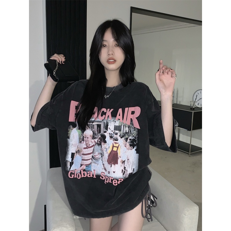 kaos atasan wanita/american vintage print kaos/korean style oversize letter printing t-shirt/kaos hitam