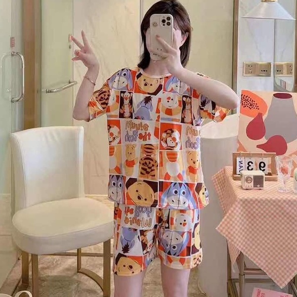 Piyama Baju Tidur Import Wanita Fashion Sleepwear Spandex Stelan Rumah Baju Santai Celana Pendek z-HP-Pooh Kotak