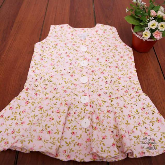 

Dress anak perempuan murah motif flower bahan katun jepang- Vintage Peach