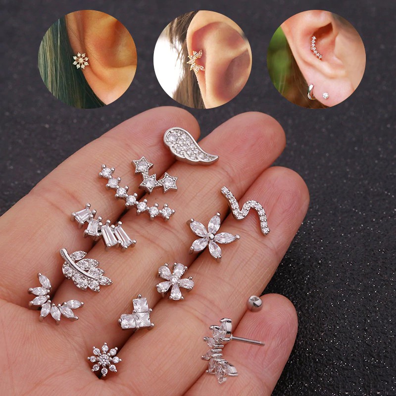 Cross Heart Flower Crown Cz Ear Studs Helix Piercing Cartilage Earring Conch Rook Tragus Stud Ear