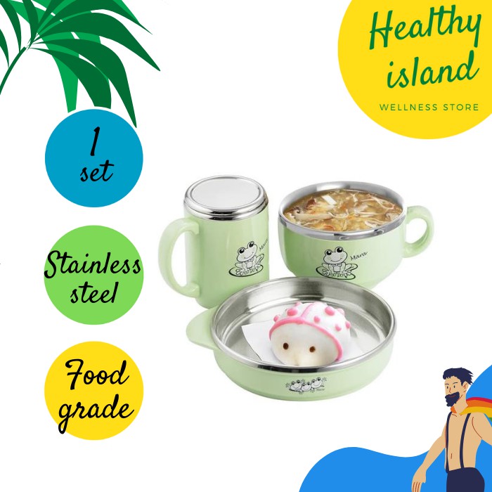 Piring Mangkug Cangkir Anak Hijau Stainless Steel Food Grade Zebra Set