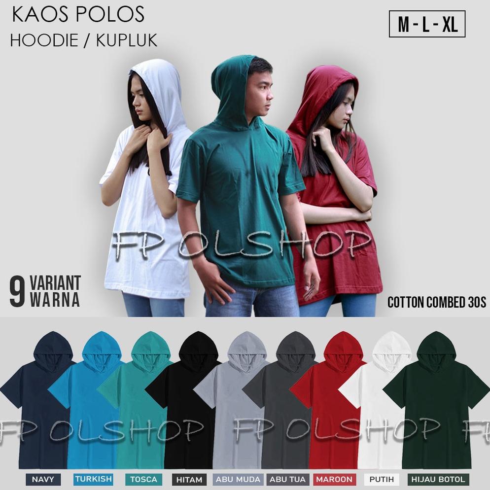 Soft Kaos Polos Hoodie Lengan Pendek Hitam Baju Kupluk Pria Wanita Banyak Warna M L Xl