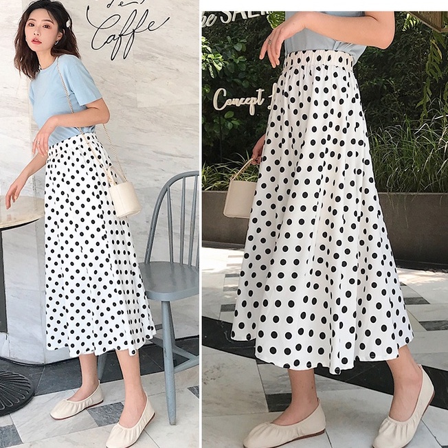 Korean Midi skirt polkadot Rok span Gaya korea Rok hitam