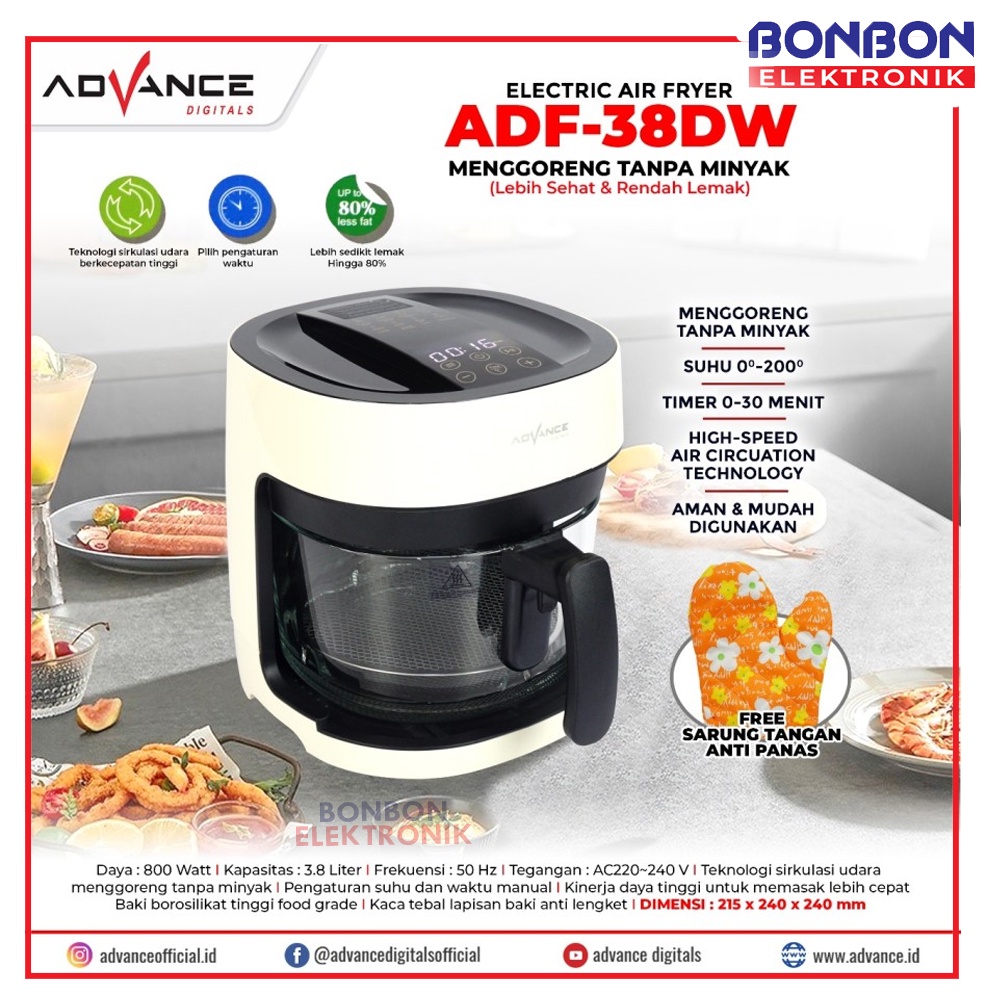 Advance Digital Air Fryer ADF-38DW 800 Watt 3.8L / ADF 38DW Kaca