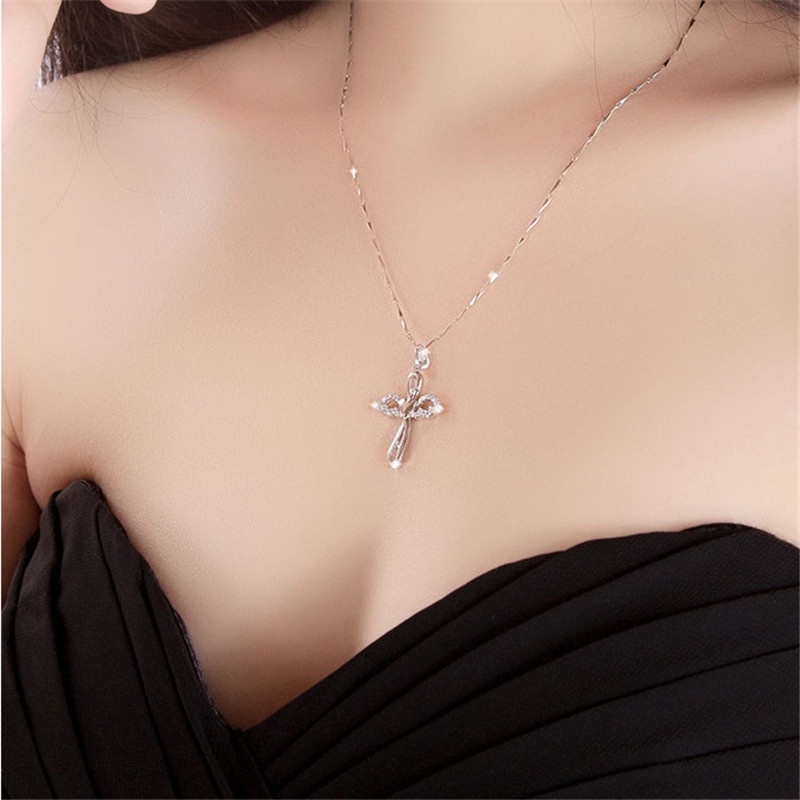 [Ready Stock]Fashion Silver Plated Cross Pendant Angel Wings Necklace