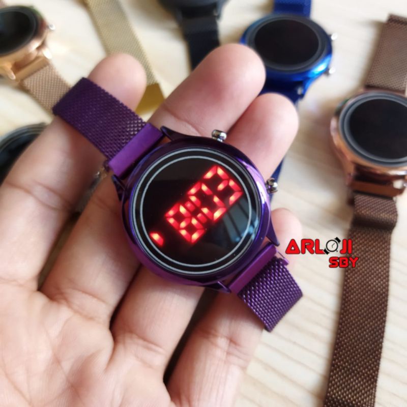 JAM TANGAN WANITA LED WATCH DIGITAL MAGNET MESH CONVEX BULAT MINI