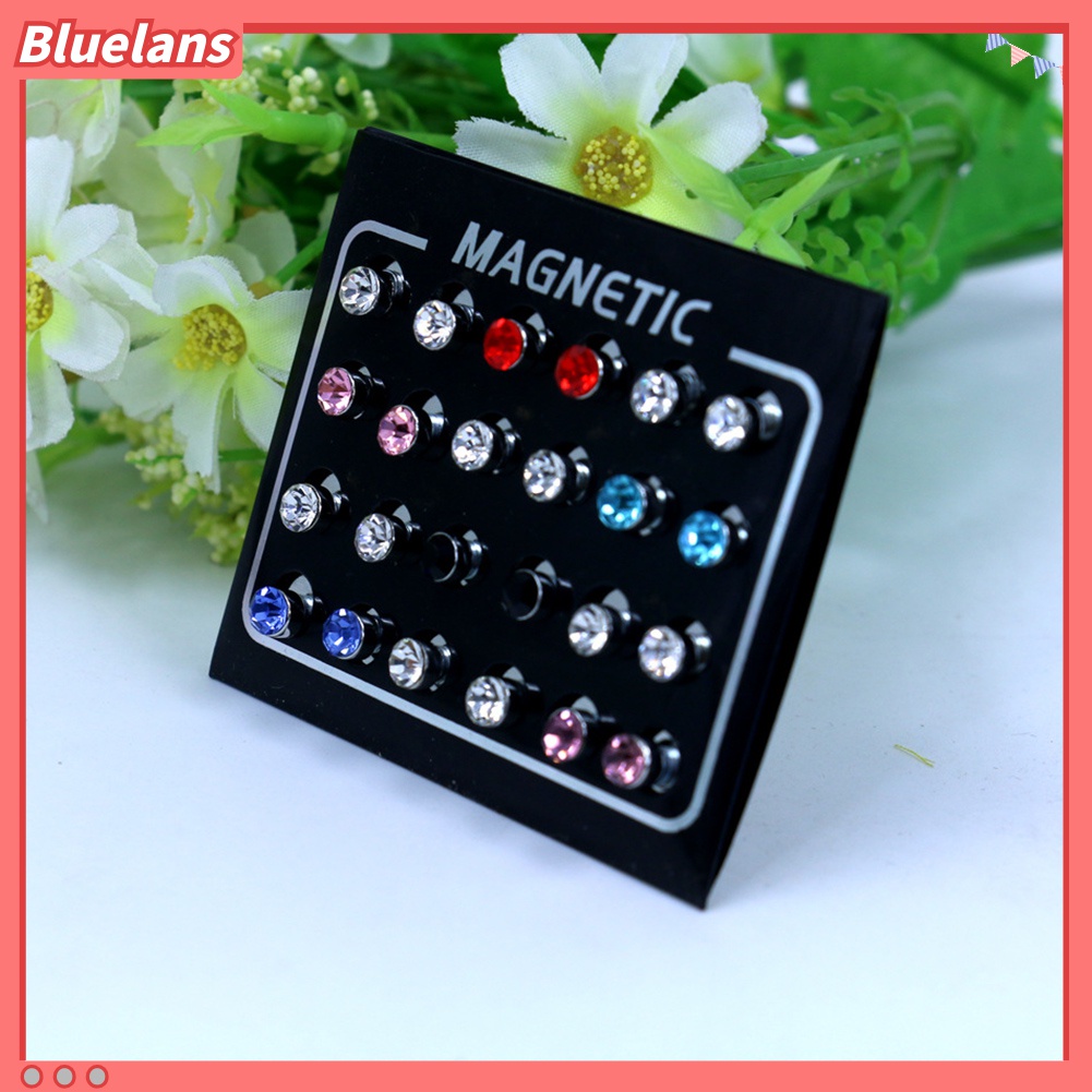 12 Pasang / Set Anting Stud Magnetik Berlian Imitasi Untuk Unisex