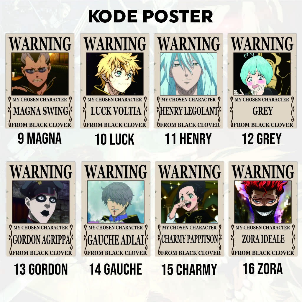 Poster Anime Warning Black Clover Koleksi A4 - Asta Yuno Yami Noelle Nacht Secre-5