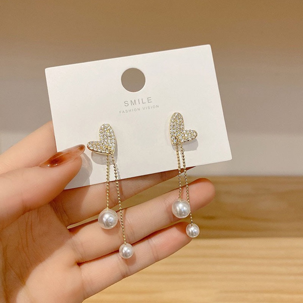 【COD Tangding】 Anting Tusuk Gantung Bentuk Hati Aksen Rumbai Mutiara Imitasi Untuk Wanita
