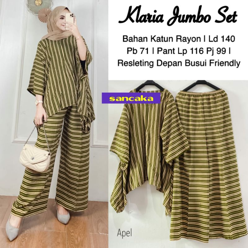 Klaria Set Jumbo - One Set Jumbo Katun Rayon Tidie Premium Busui Setelan Wanita Waka Waka Set Celana Panjang Bigsize LD 140 cm