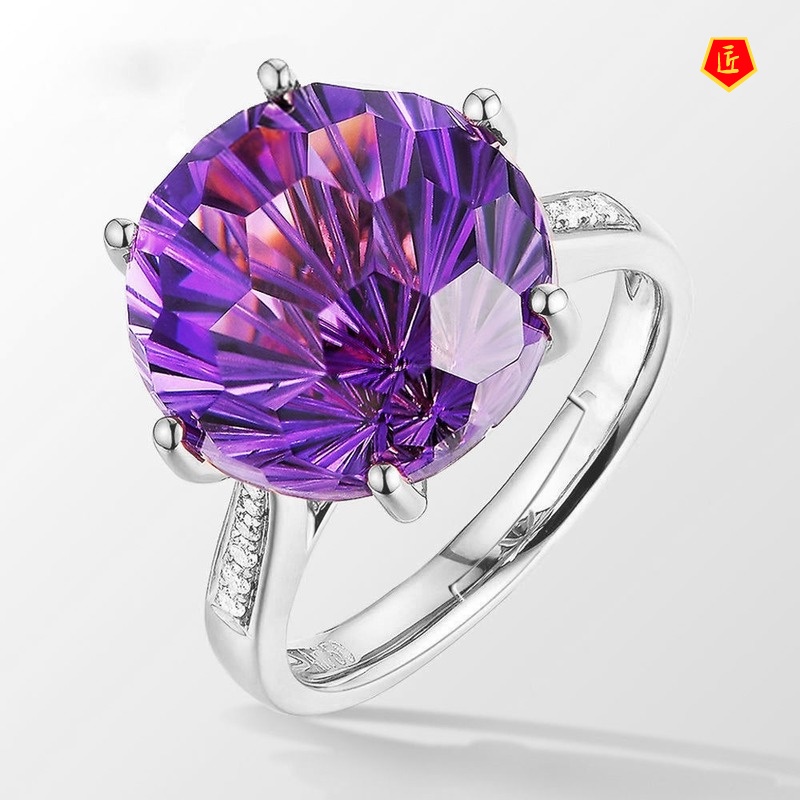 [Ready Stock]Korean Style High-End Six-Claw Amethyst Ring Elegant