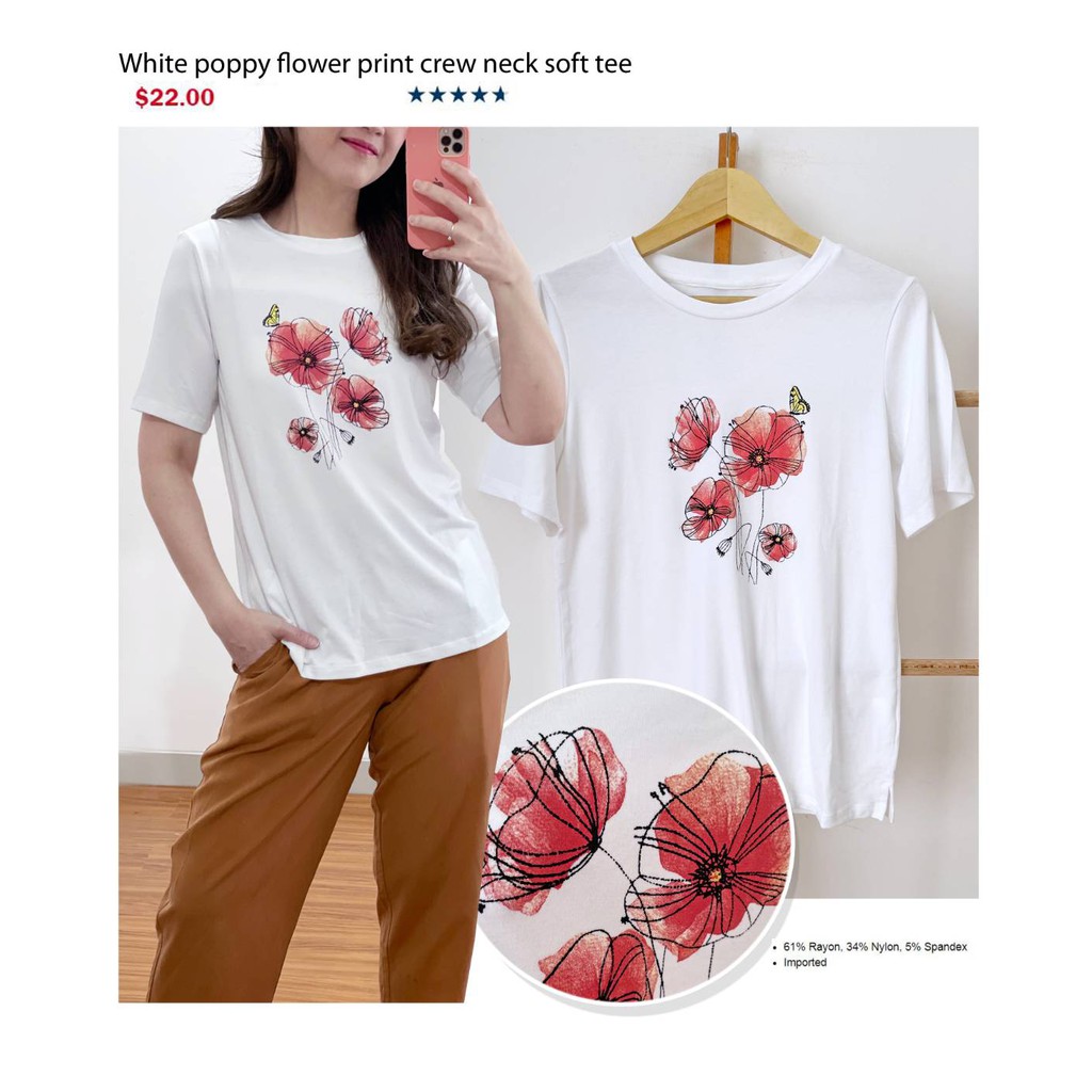 Uniqlo white poppy flower print crew neck soft tee