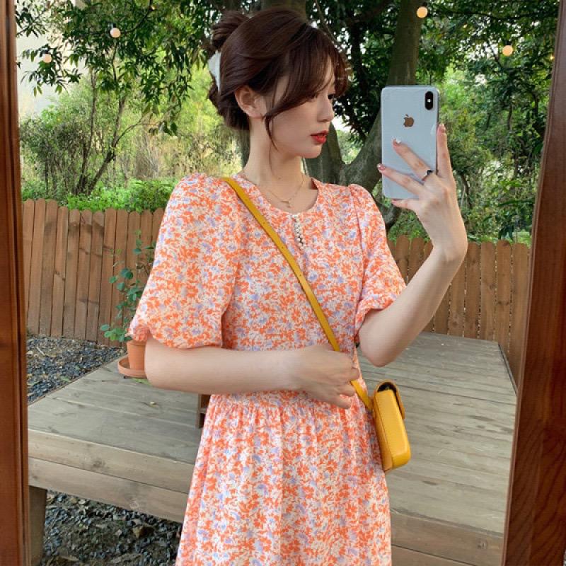 [littlecrab] Dress Bunga Oren Aesthetic Orange Flower Long Dress With Pearl Dress Panjang Model Tradisional Simple Elegan Berkualitas Korean Style Chinese Modern Dress Lengan Pendek Model Bunga Bunga Simple