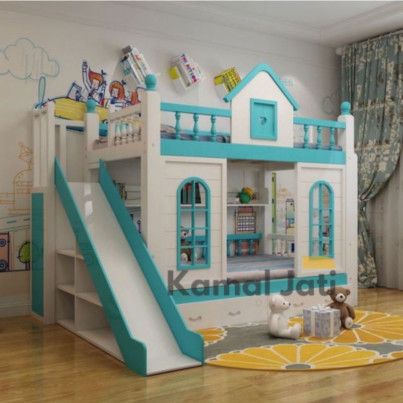 Tempat tidur anak terbaru motif rumah, tempat tidur tingkat mix prosotan, dipan anak cewek