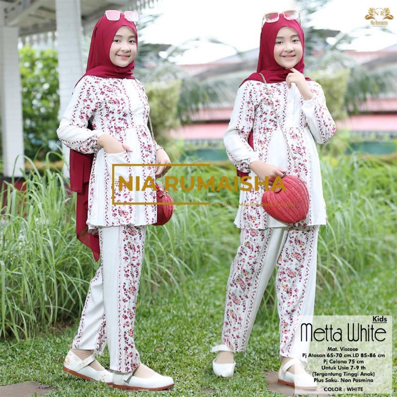 Setelan Anak #1 Motif Polsa / Falfa / Mia Rainbow / Gaida / Granada / Grenty / Shafa / Nagita / Metta / JK / Leopard / Khaula / Joela / Jihan / Jannah / Rasya / Rose / Jofa / Rinaya / Jannati / Ulfa / Moza Original Nia Rumaisha-Metta White