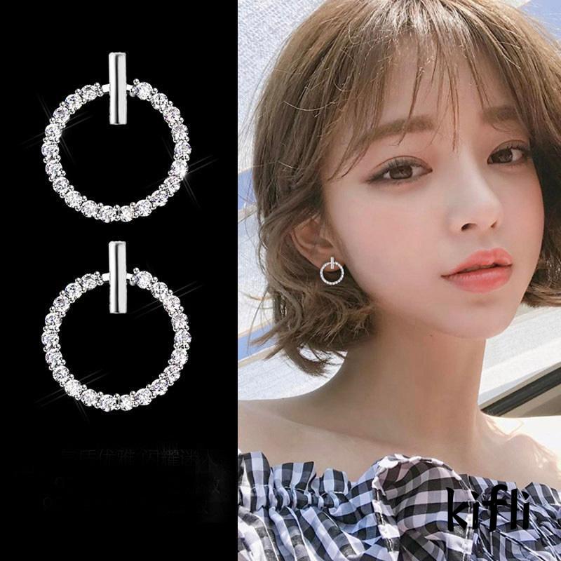 Anting Stud S925 Silver Needle Bentuk Bulat Geometris Aksen Berlian Imitasi Untuk Mahasiswa