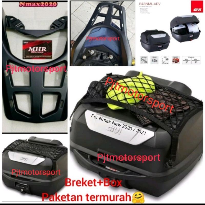 Box Givi Top Box Motor + Bracket  E-43 Adventure Nmax-155 2021 / 2020 / 2022 Paketan Tinggal Pasang 