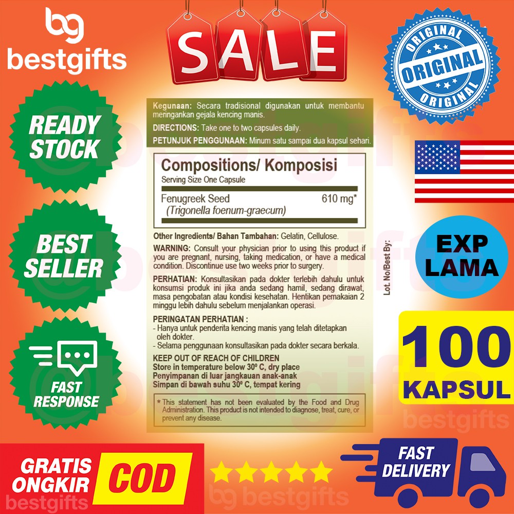 GNC HERBAL PLUS WHOLE HERB FENUGREEK 610 MG IBU MENYUSUI GULA DARAH DIABETES PENCERNAAN 100 KAPSUL