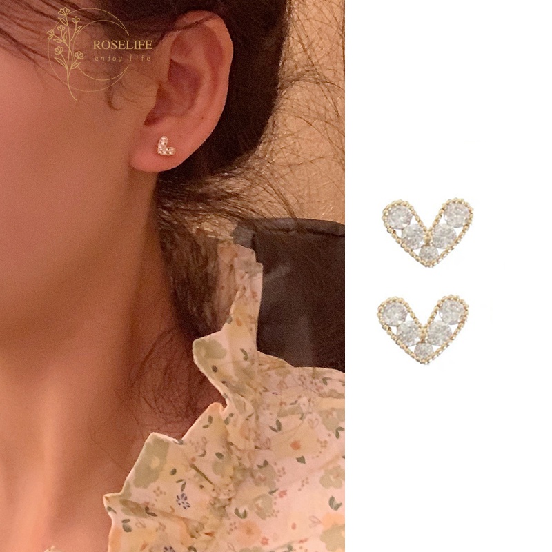 Roselife 1 Pasang Anting Tusuk Sterling Silver 925 Desain Hati Hias Cubic Zirconia Gaya Korea Untuk Wanita