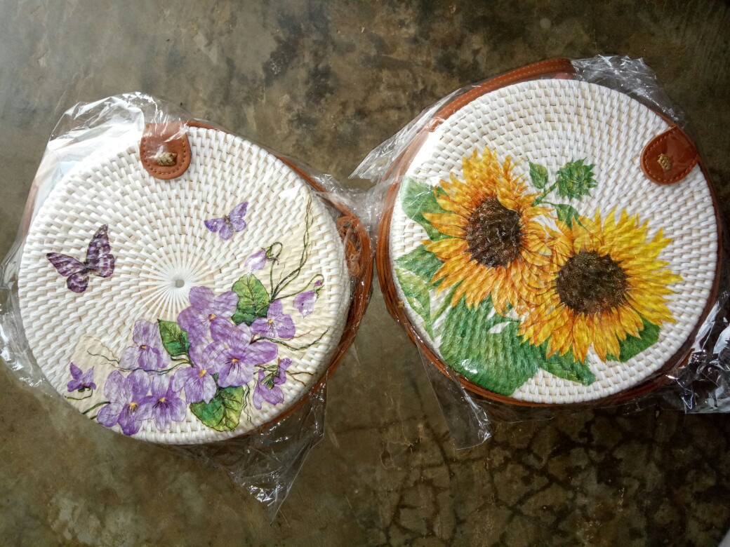 Tas Rotan Bulat Decoupage Diameter 20cm, 18cm, 15cm