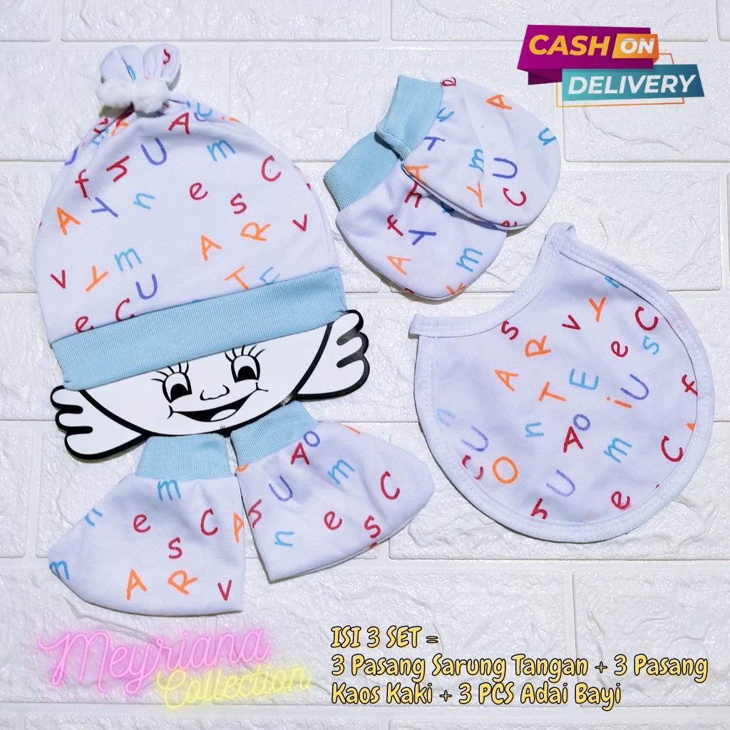 3 Set Kupluk Topi Bayi Bayi Baru Lahir /3 Pasang Sarung Tangan / 3 Pasang Sarung Kaki Komplit Motip Abjad Bayi Baru Lahir / Slaber Adai Bayi ( Kupluk + Kaos Tangan + Kaos Kaki + Slaber ) Meyriana Collection