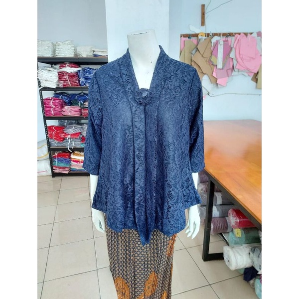 (BrL110) Kebaya floy BROKAT GLITTER & FOIL EMAS 7/8 lurus jumbo KeroncongBusana-Navy, GLITTER