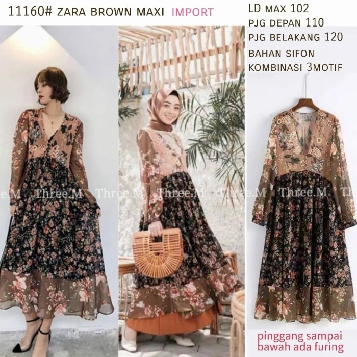 Baju terusan dress wanita Zara Brown Maxi import