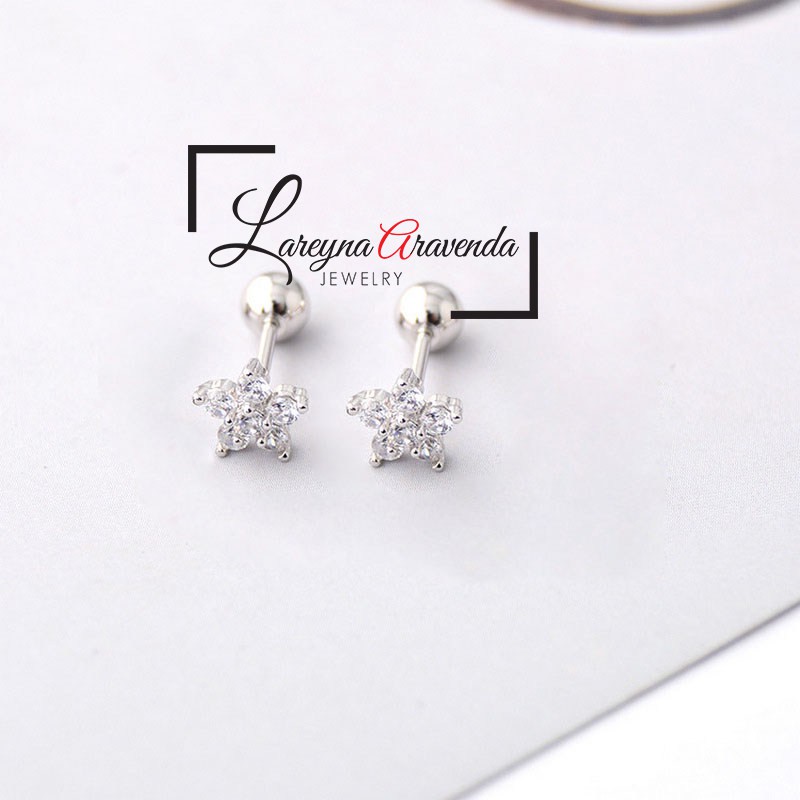 Anting Wanita Titanium Asli Bunga Crystal Kristal Zircon AAA ET004