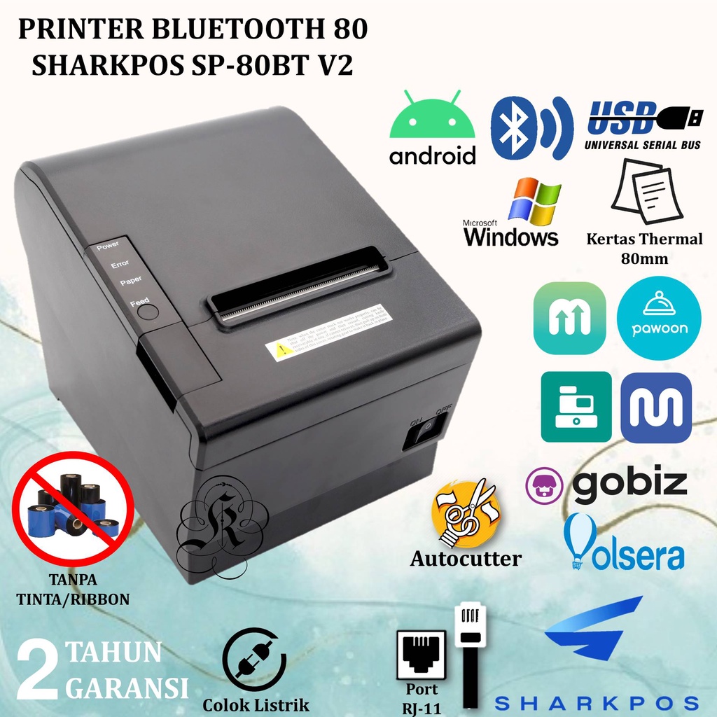 Printer Bluetooth Android Thermal 80mm Auto Cut Sharkpos SP 80BT V2 PBT-P200 Cetak Struk Thermal Pembayaran PPOB Moka Pawoon Olsera SP-80BT V2 Support RJ11 BTP 3100 / BTP 3200