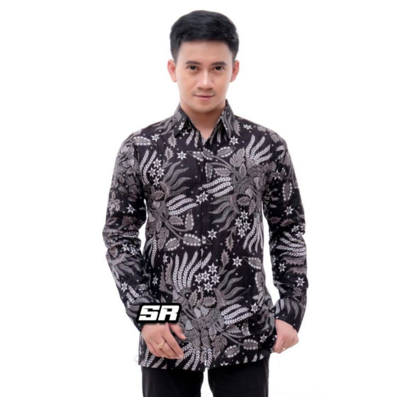 Batik Pria Lengan Panjang BATIK AZMIL HRB026 motif KERATONAN Kode 002 size M L XL XXL Reguler-manggar abu