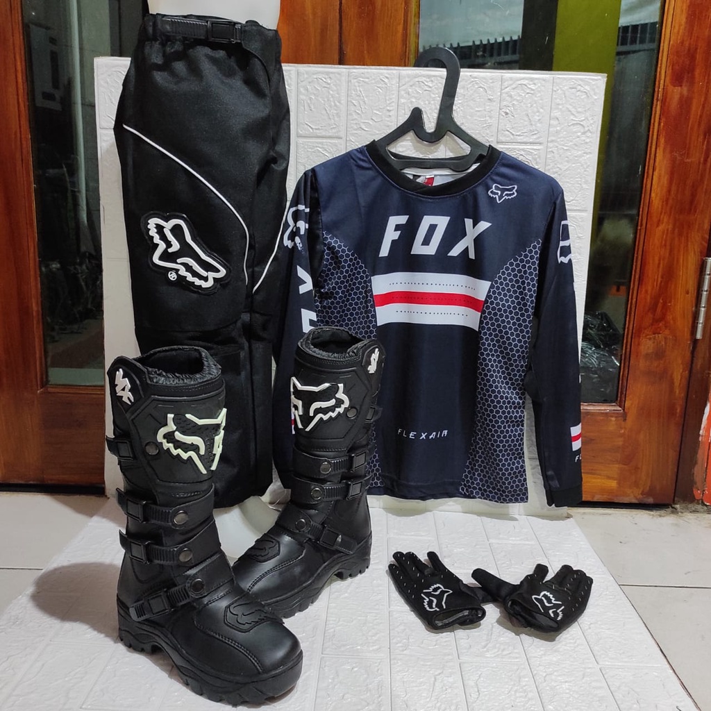 baju traill stelan anak offroad sepatu cross satu sett jersey sarung tangan HITAM