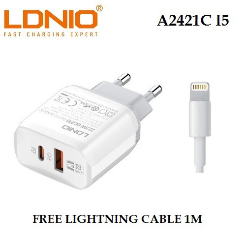 LDNIO A2421C I5 - Dual USB Charger QC 3.0 PD 22.5W - Travel Charger FREE Lightning Cable 1M