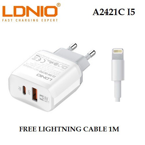 AKN88 - LDNIO A2421C I5 - Dual USB Charger QC 3.0 PD 22.5W - Lightning Cable