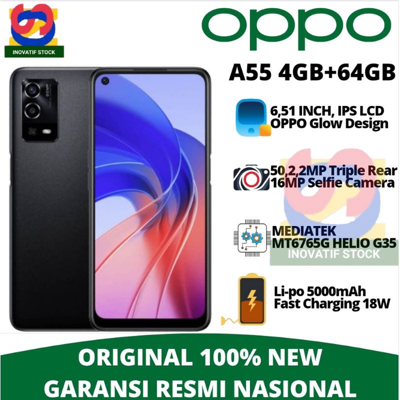 HP BARU OPPO A54 | A55 4GB|6GB/64GB|128GB GARANSI RESMI 100% ORIGINAL FULL AKSESORIS-A55 Hitam 4gb/64gb