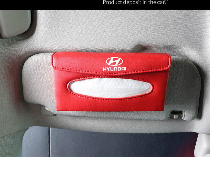 Kualitas Tinggi Universal Pelindung Matahari Mobil Tissue Box Holder PU Kulit Kotak Tisu Cover Case Aksesoris untuk Hyundai Logo Ioniq Hybrid Elantra Tucson Reina Santa fe Kona Accent