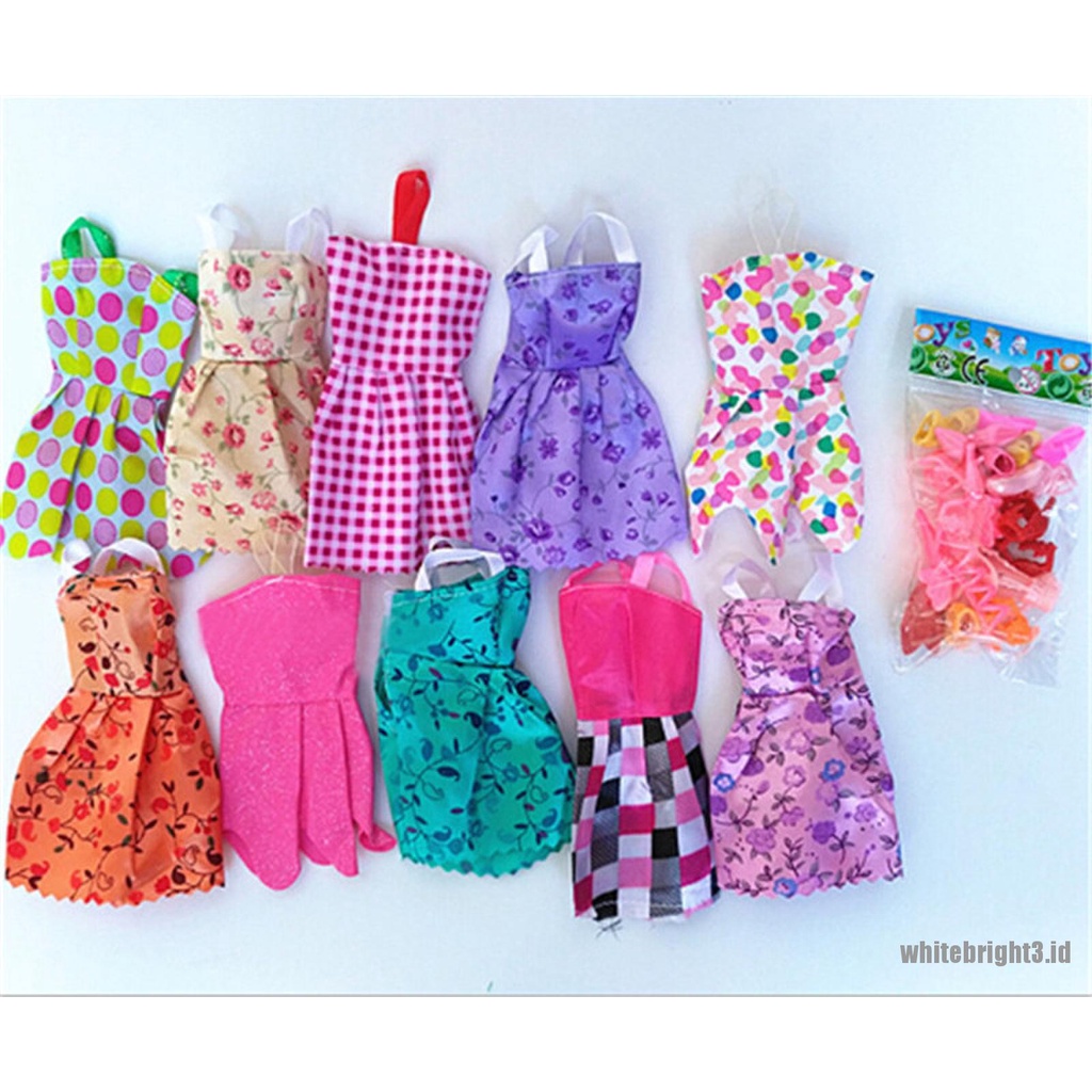 (white3) 10pcs Dress Handmade + 10pcs Sepatu High Heels Untuk Boneka