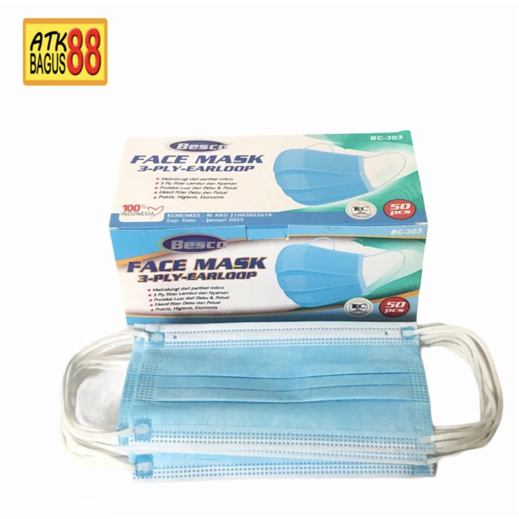 FACE MASK 3 PLY EARLOOP /pack MASKER MEDIS BESCO TERMURAH