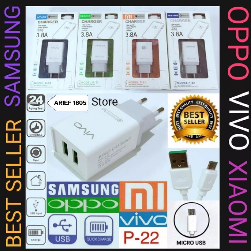 Charger Hp Fast 2USB p22 Charger Micro Usb Charger oppo CHarger Vivo Charger Samsung Charger Realme