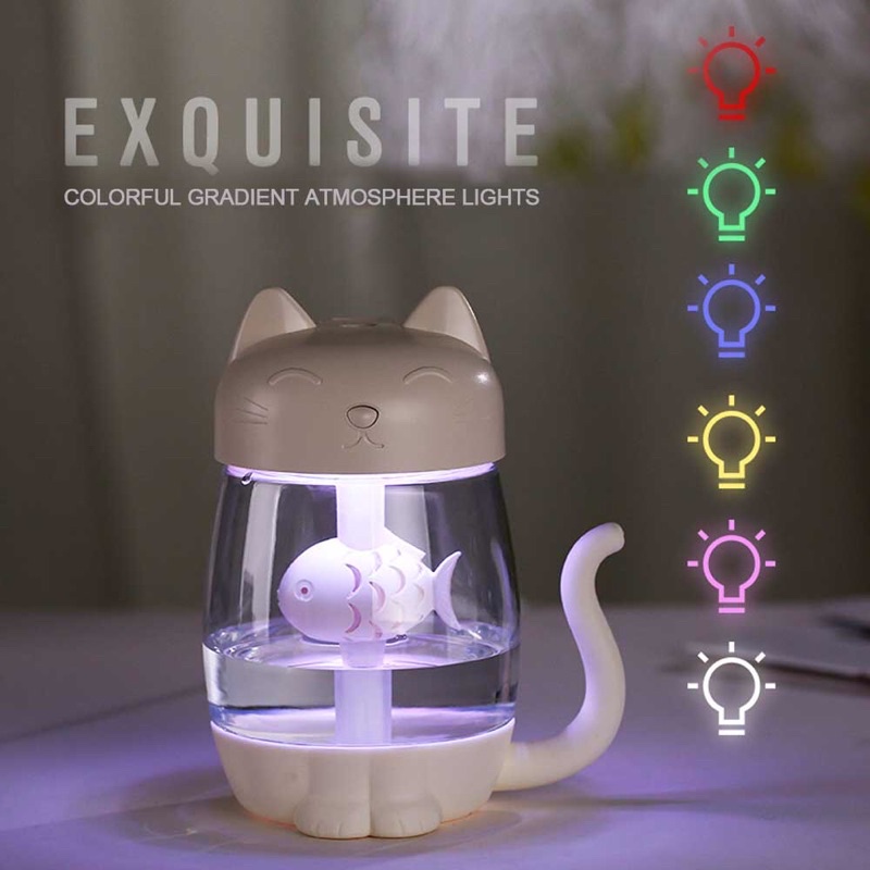 3 in 1 Air Humidifier Aromatherapy Oil Diffuser Cat Kitty 350ml with Fan + LED Lamp - Pink