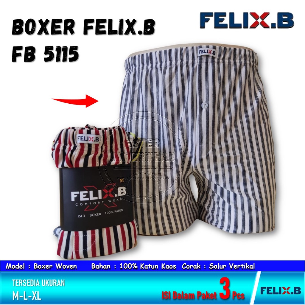 Felix.B Celana Boxer Pria FB 5115 ISI 3Pcs Motif Salur