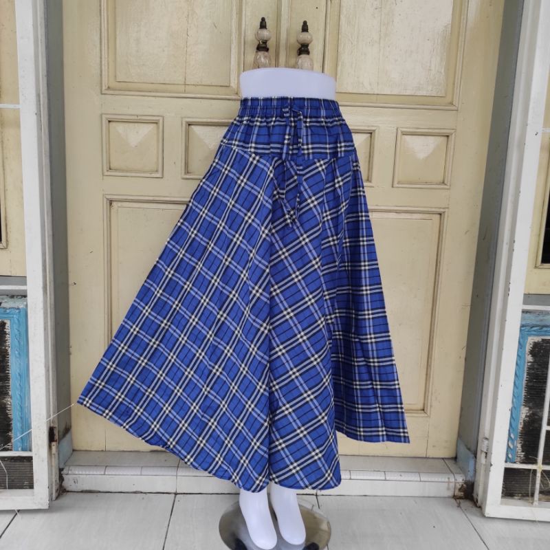 (BISA COD)ROK PAYUNG/ROK KATUN LEBAR/MOTIF BURBERRY-Biru