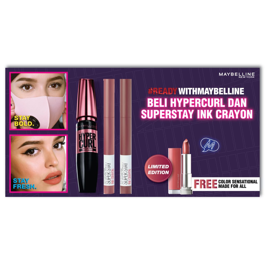 FREE LIPSTIK BELI MAYBELLINE MASCARA HYPERCURL+ SUPERSTAY INK CRAYON ORIGINAL