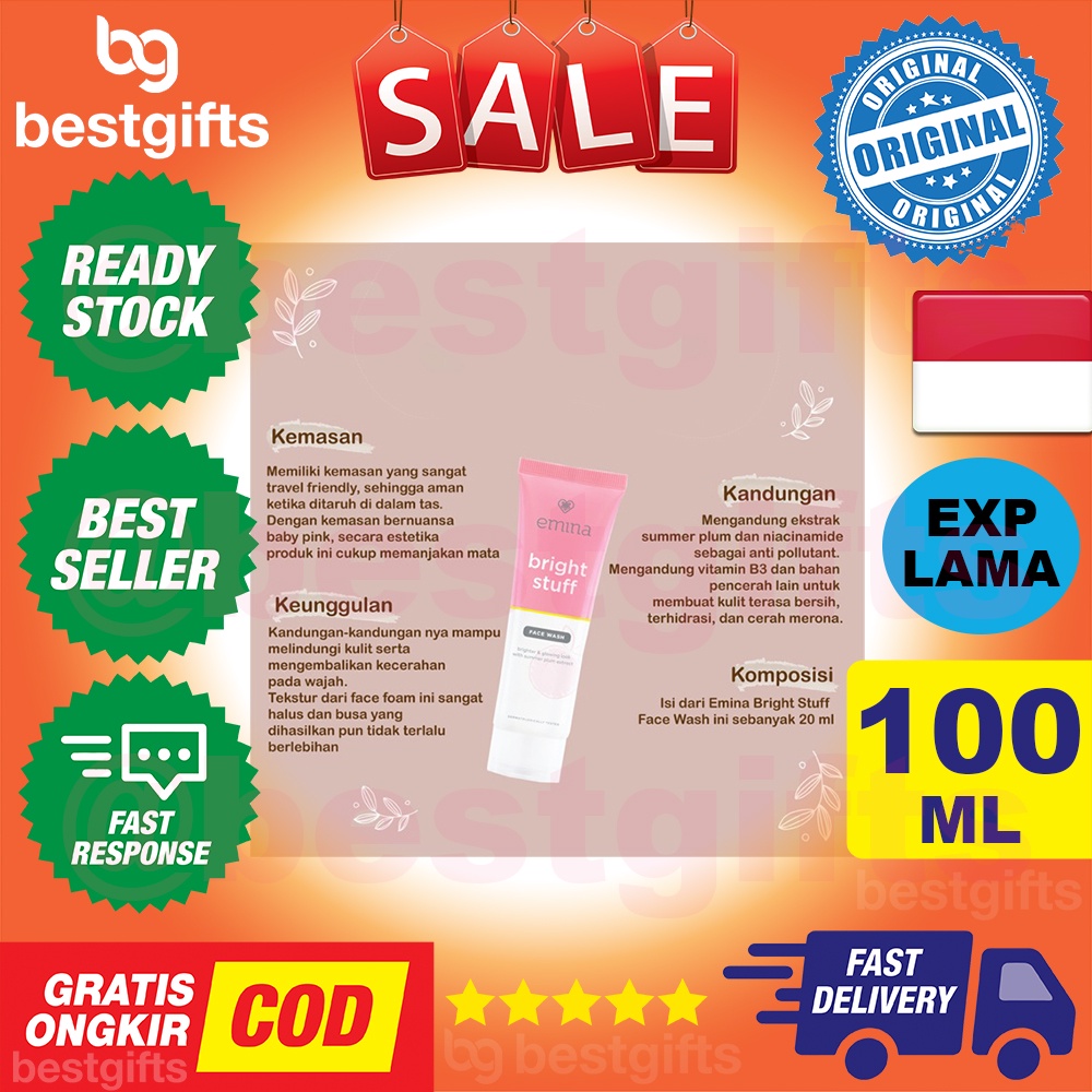 EMINA BRIGHT STUFF FACE WASH BRIGHTER GLOWING LOOK MEMBERSIHKAN KOTORAN SEL KULIT MATI WAJAH 100 ML